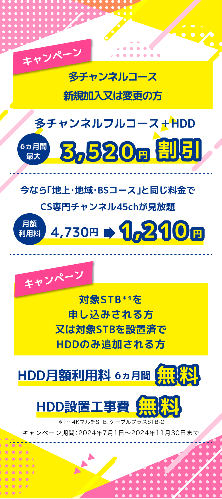 多チャンネルコース新規加入又は変更の方 多チャンネルフルコース＋HDD 6ヵ月間最大3,630円割引